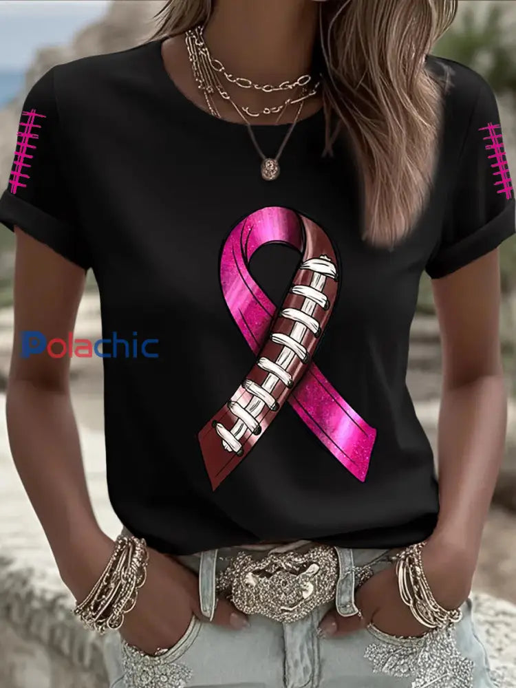 Femmes de sensibilisation au cancer du sein Football rose sur le ruban rose T shirt imprimé Noir / S