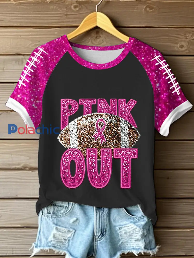 Femmes de sensibilisation au cancer du sein Football rose sur le ruban rose T shirt imprimé Noir / S