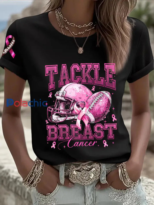 Femmes de sensibilisation au cancer du sein Football rose sur le ruban rose T shirt imprimé Noir / S