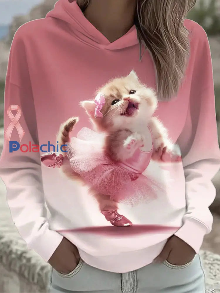 Femmes de sensibilisation au cancer du sein rose Ballet Cat Print Sweatshirt comme image / S