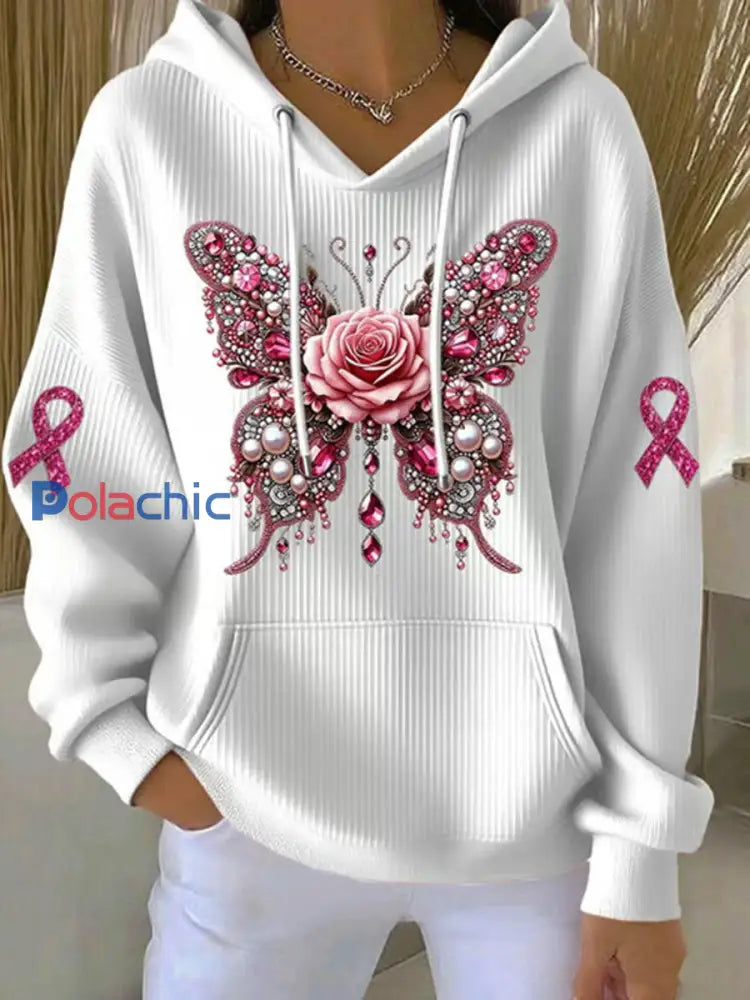 Femmes de sensibilisation au cancer du sein rose papillon Imprimer Casual Sweatshirt Blanc / S