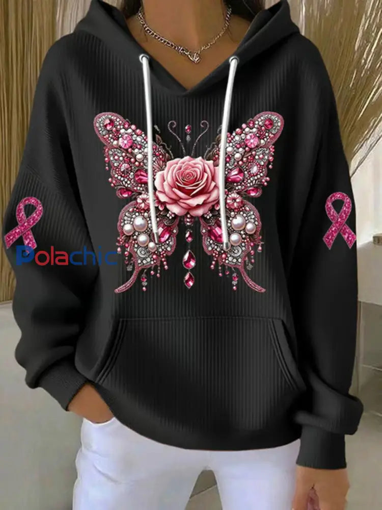 Femmes de sensibilisation au cancer du sein rose papillon Imprimer Casual Sweatshirt Noir / S