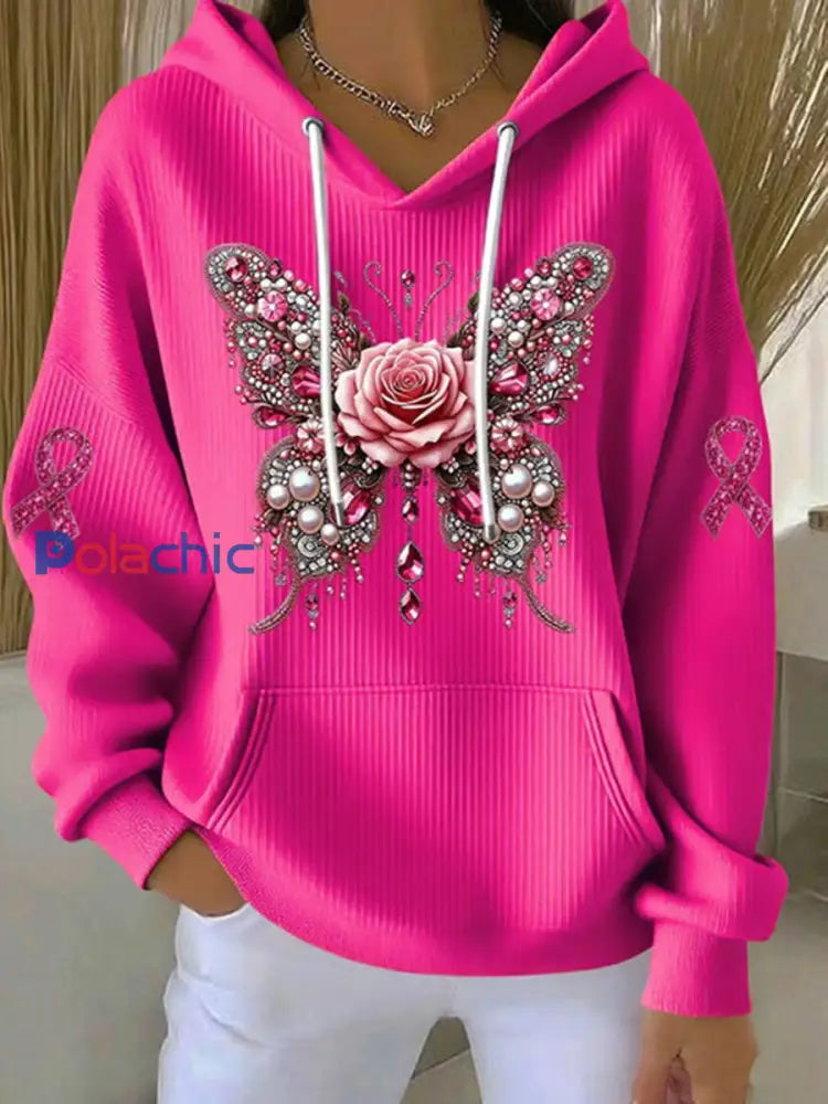 Femmes de sensibilisation au cancer du sein rose papillon Imprimer Casual Sweatshirt Rose Rouge / S