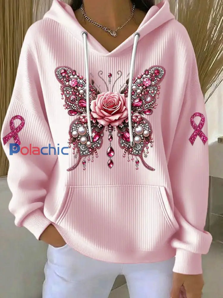 Femmes de sensibilisation au cancer du sein rose papillon Imprimer Casual Sweatshirt Rose / S