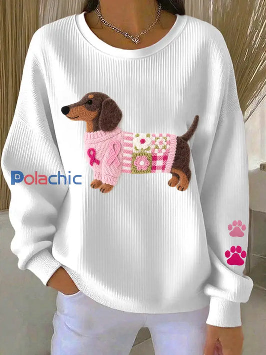 Femmes de sensibilisation au cancer du sein teckel feutre Art Sweatshirt Blanc / S