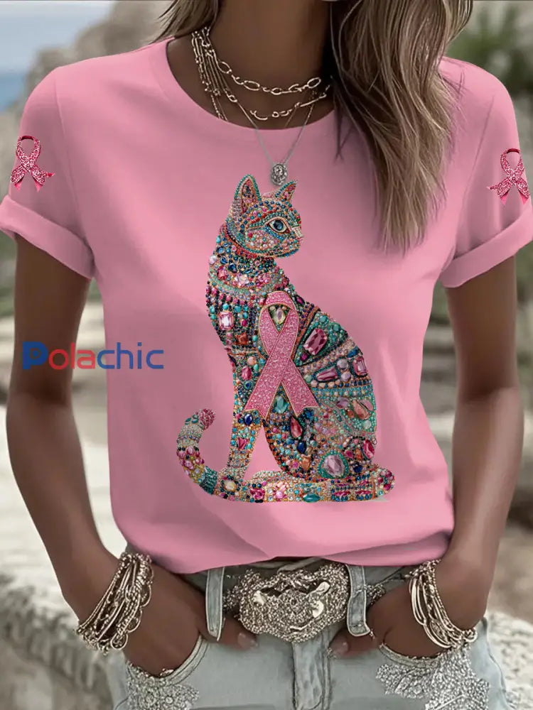 Femmes du cancer du sein chat imprimé mode Vintage lâche T shirt à manches courtes Rose / S