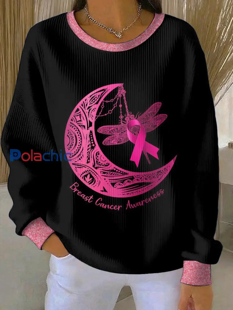 Femmes du cancer du sein col rond manches longues Sweatshirt Noir / S