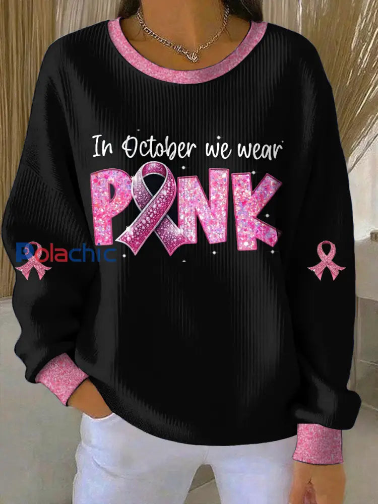 Femmes du cancer du sein imprimé col rond pull à manches longues Noir / S