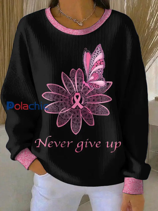 Femmes du cancer du sein imprimé col rond pull à manches longues Noir / S