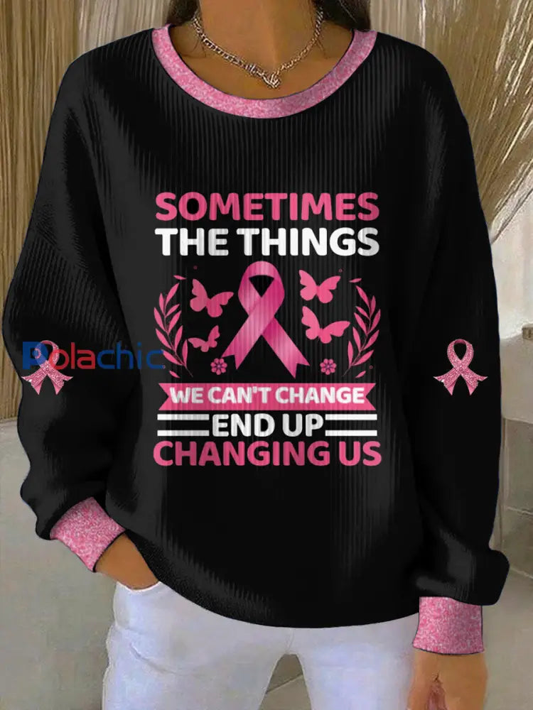 Femmes du cancer du sein imprimé col rond pull à manches longues Noir / S