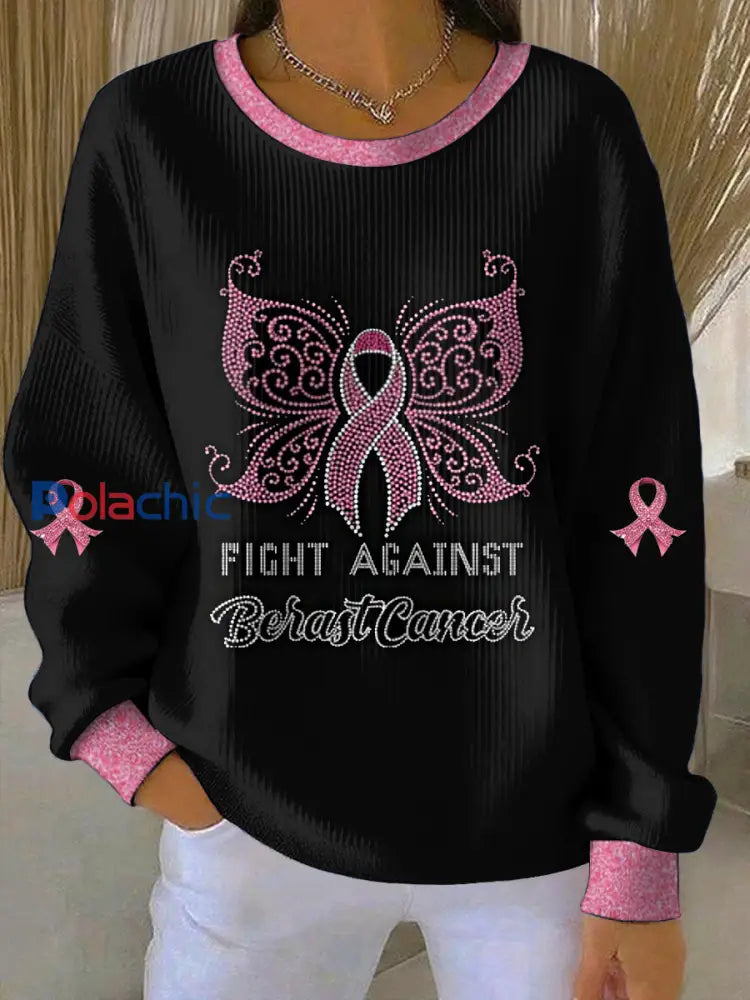 Femmes du cancer du sein imprimé col rond pull à manches longues Noir / S