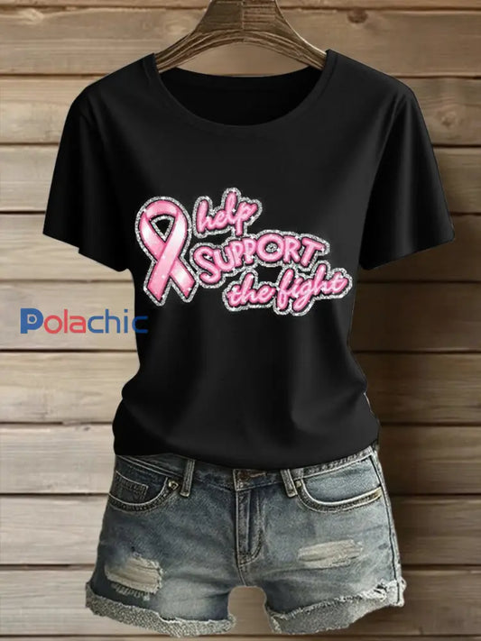 Femmes du cancer du sein imprimé mode Vintage lâche T-shirt à manches courtes Noir / S