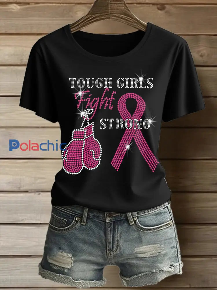 Femmes du cancer du sein imprimé mode Vintage lâche T-shirt à manches courtes Noir / S