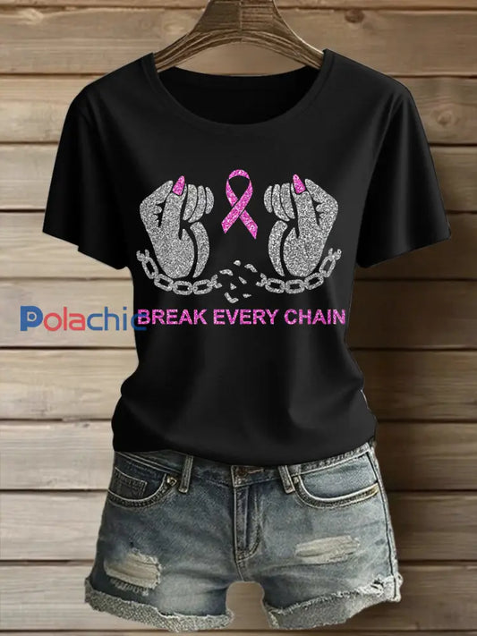Femmes du cancer du sein imprimé mode Vintage lâche T-shirt à manches courtes Noir / S