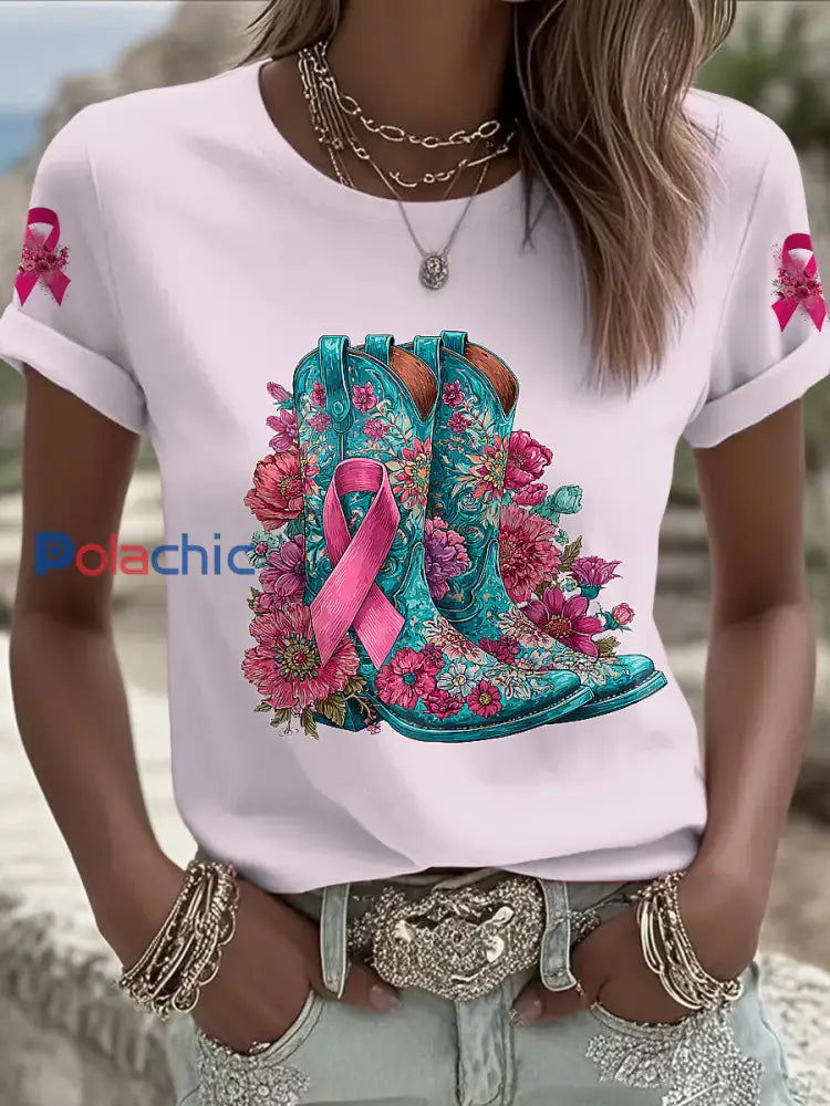 Femmes du cancer du sein imprimé mode Vintage lâche T-shirt à manches courtes Rose Clair / S