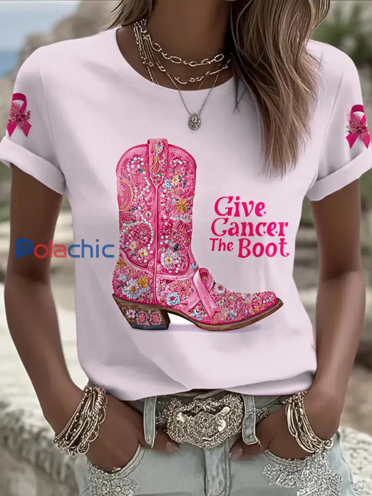 Femmes du cancer du sein imprimé mode Vintage lâche T shirt à manches courtes Rose Clair / S