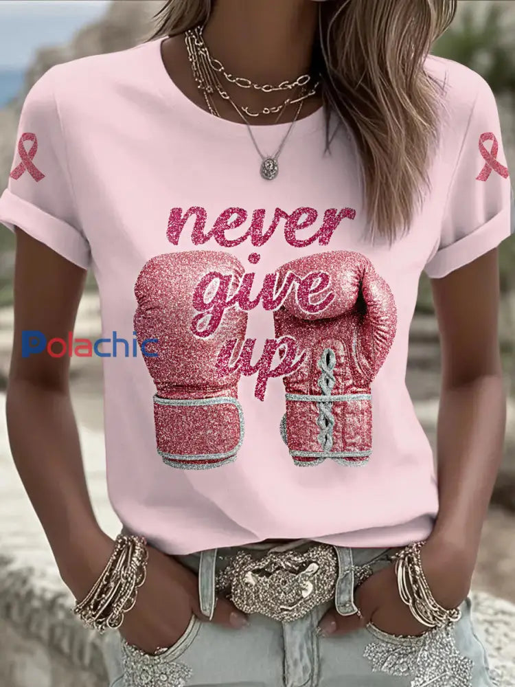 Femmes du cancer du sein imprimé mode Vintage lâche T shirt à manches courtes Rose Clair / S