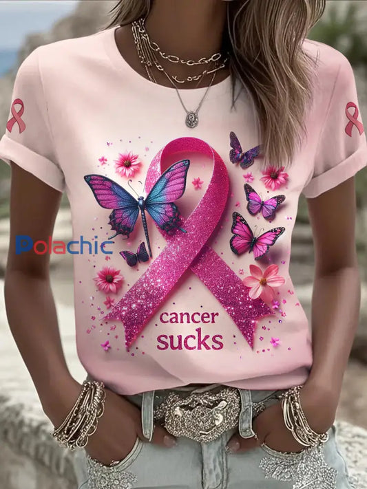 Femmes du cancer du sein imprimé mode Vintage lâche T-shirt à manches courtes Rose Clair / S