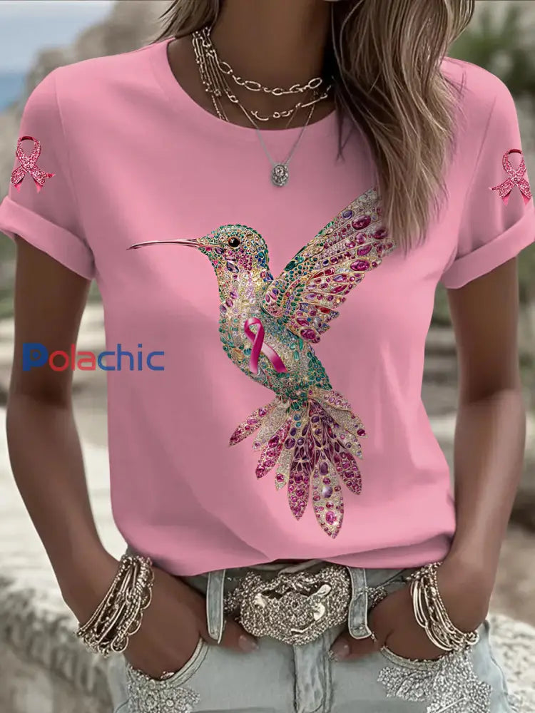 Femmes du cancer du sein paillettes colibri imprimé mode Vintage lâche à manches courtes T Shirt Rose / S