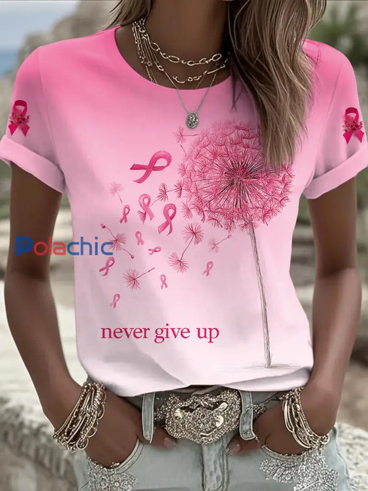 Femmes du cancer du sein pissenlit imprimé mode Vintage lâche T shirt à manches courtes Rose / S