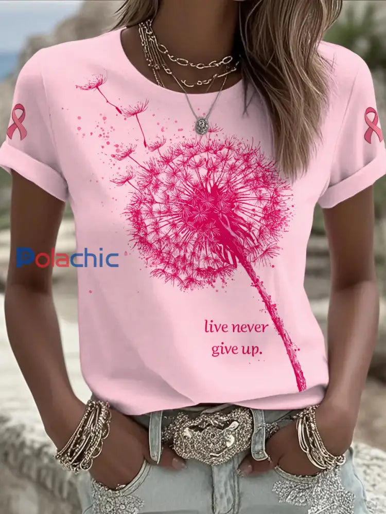 Femmes du cancer du sein pissenlit imprimé mode Vintage lâche T shirt à manches courtes Rose / S