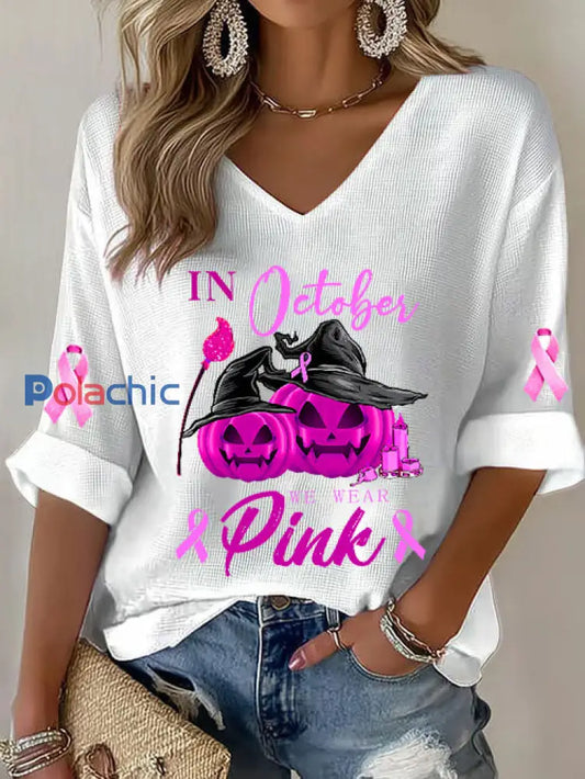 Femmes du cancer du sein rose ruban citrouille sorcière gaufre Imprimer T-shirt décontracté blanc / S