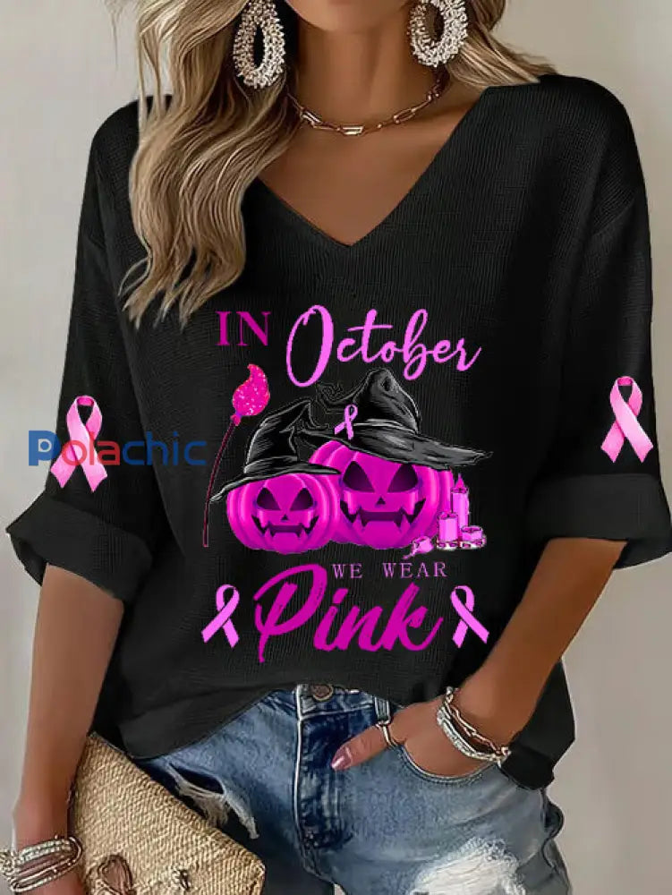 Femmes du cancer du sein rose ruban citrouille sorcière gaufre Imprimer T-shirt décontracté noir / S