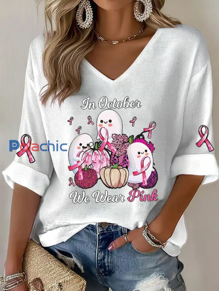 Femmes du cancer du sein ruban rose citrouille fantôme gaufre Imprimer T-shirt décontracté Blanc / S