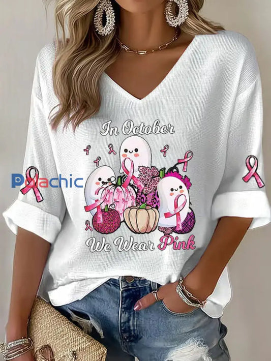 Femmes du cancer du sein ruban rose citrouille fantôme gaufre Imprimer T-shirt décontracté Blanc / S