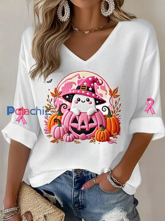 Femmes du cancer du sein ruban rose citrouille fantôme gaufre Imprimer T-shirt décontracté Blanc / S