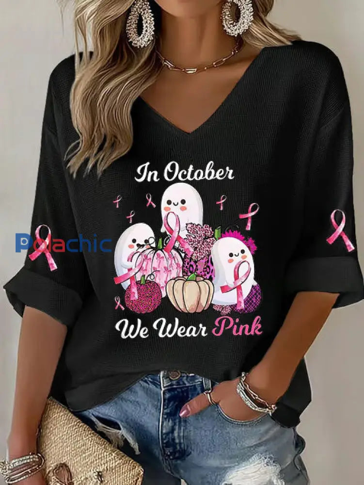 Femmes du cancer du sein ruban rose citrouille fantôme gaufre Imprimer T-shirt décontracté Noir / S