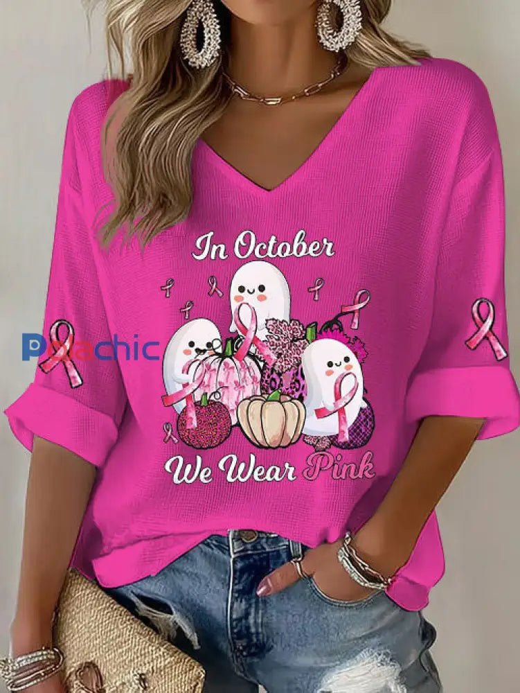 Femmes du cancer du sein ruban rose citrouille fantôme gaufre Imprimer T-shirt décontracté Rose Rouge / S