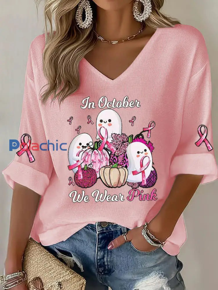Femmes du cancer du sein ruban rose citrouille fantôme gaufre Imprimer T-shirt décontracté Rose / S