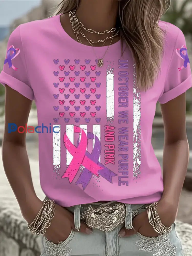 Femmes du cancer du sein sensibilisation à la violence domestique T shirt imprimé à manches courtes Rose / S