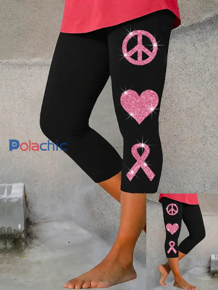 Femmes du cancer du sein sensibilisation paix amour cure imprimer leggings Noir / S