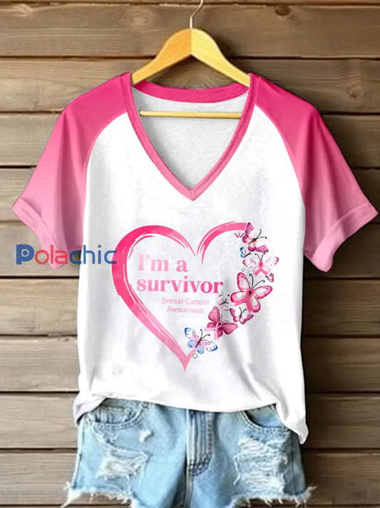 Femmes du cancer du sein Survivor Imprimer Contraste Couleur T-shirt Rose / S