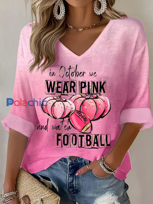Femmes En Octobre Nous Portons Rose Et Regarder Football Sensibilisation Au Cancer Du Sein Waffle T shirt Rose / S