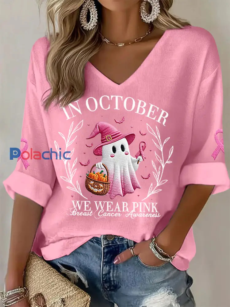 Femmes En Octobre Nous Portons Rose Halloween Fantôme Rose Sensibilisation au Cancer Du Sein Soutien Haut À Manches