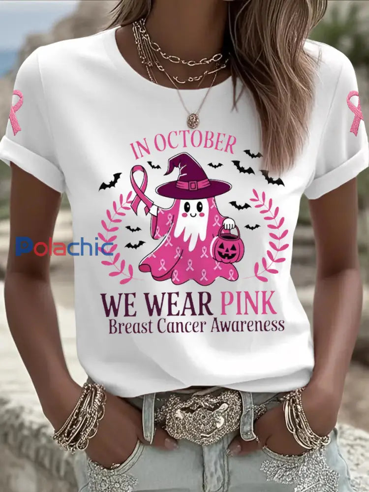 Femmes En Octobre Nous Portons Rose Halloween Rose Fantôme Soutien De Sensibilisation Au Cancer Du Sein Tee Blanc / S