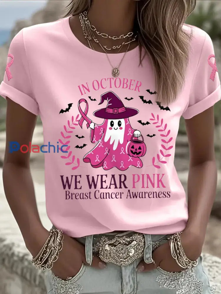 Femmes En Octobre Nous Portons Rose Halloween Rose Fantôme Soutien De Sensibilisation Au Cancer Du Sein Tee Rose Clair