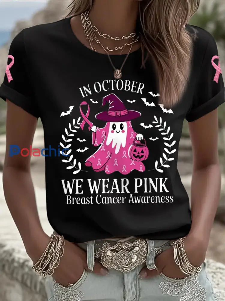 Femmes En Octobre Nous Portons Rose Halloween Rose Fantôme Soutien De Sensibilisation Au Cancer Du Sein Tee Noir / S