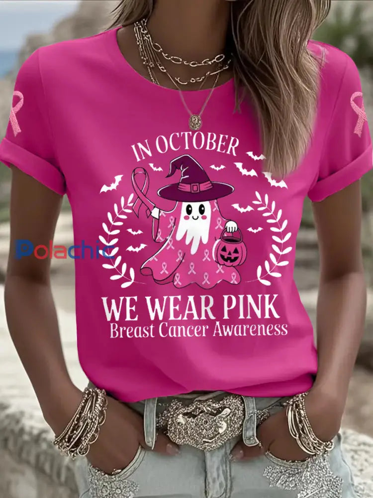 Femmes En Octobre Nous Portons Rose Halloween Rose Fantôme Soutien De Sensibilisation Au Cancer Du Sein Tee Rose Rouge
