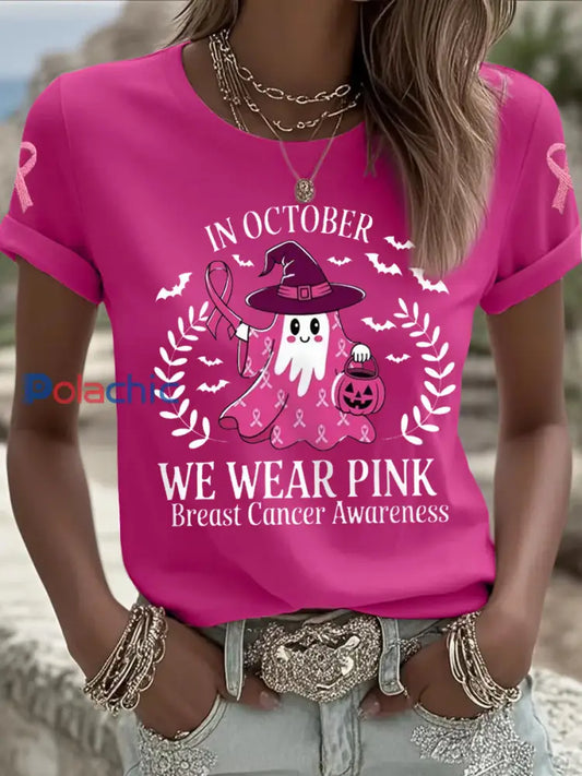 Femmes En Octobre Nous Portons Rose Halloween Rose Fantôme Soutien De Sensibilisation Au Cancer Du Sein Tee Rose Rouge