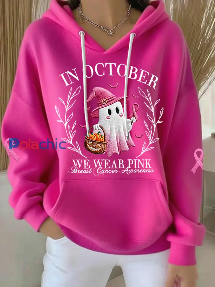 Femmes en octobre nous portons rose Halloween rose fantôme soutien sensibilisation au cancer du sein à capuche Rose