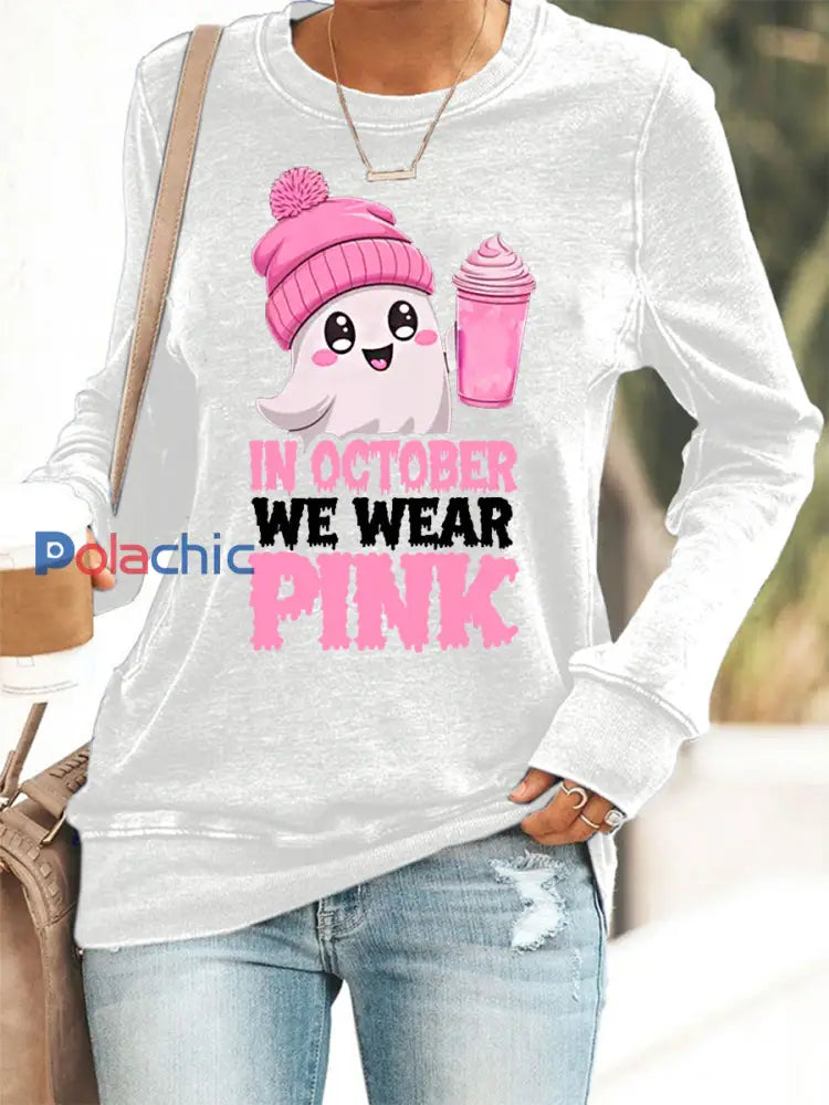 Femmes En Octobre Nous Portons Rose Halloween Rose Ghost Sensibilisation au Cancer du Sein Sweatshirt Blanc / S