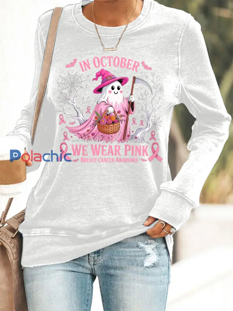 Femmes En Octobre Nous Portons Rose Halloween Rose Ghost Sensibilisation au Cancer du Sein Sweatshirt Blanc / S