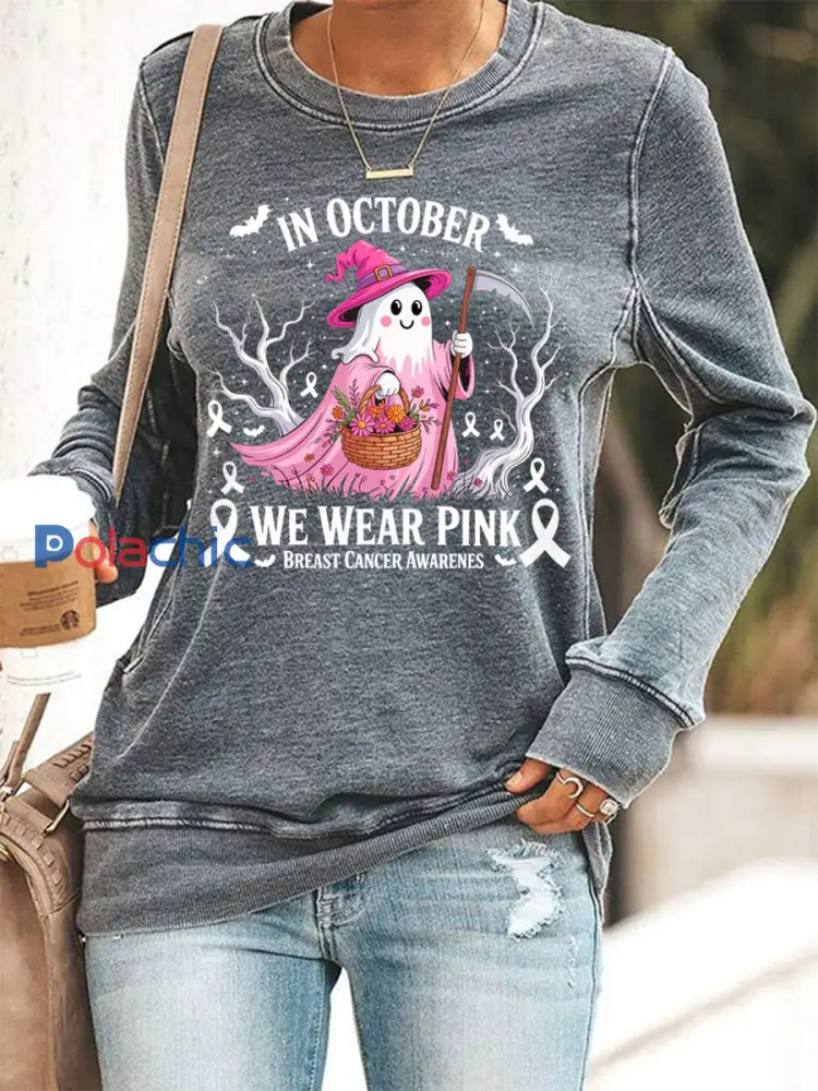 Femmes En Octobre Nous Portons Rose Halloween Rose Ghost Sensibilisation au Cancer du Sein Sweatshirt Gris / S