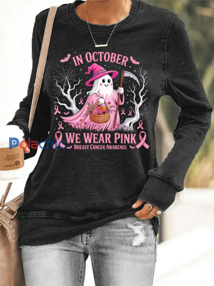 Femmes En Octobre Nous Portons Rose Halloween Rose Ghost Sensibilisation au Cancer du Sein Sweatshirt Noir / S