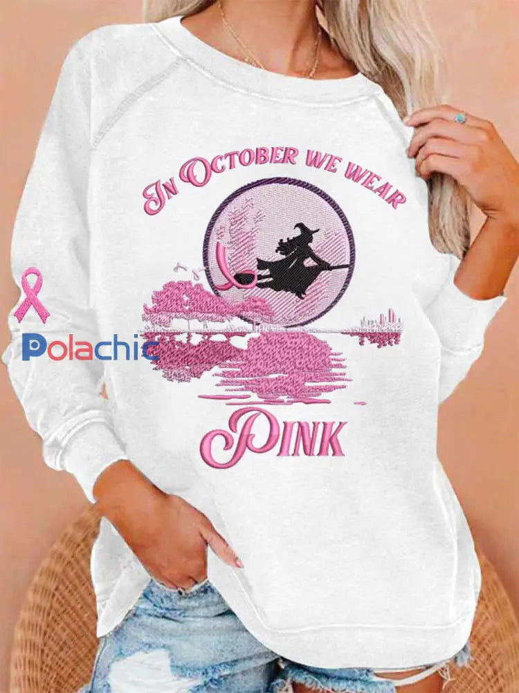 Femmes En Octobre Nous Portons Rose Halloween Sorcière Imprimer Cancer du sein Sensibilisation Sweatshirt Blanc / S