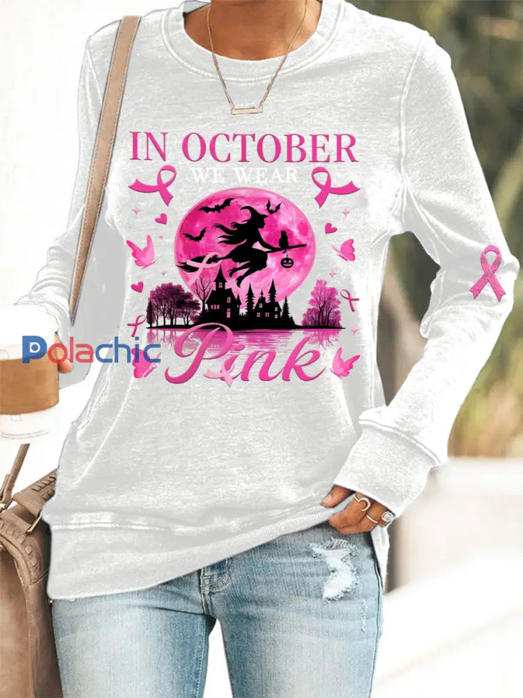 Femmes en octobre nous portons rose rose Halloween sorcière sensibilisation au cancer du sein Sweatshirt Blanc / S